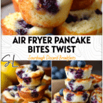 Stack of blueberry lemon cottage cheese pancake bites on rustic white plate with fresh blueberries 26