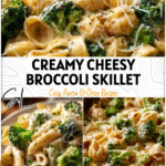 Cheesy creamy broccoli pasta skillet topped with melted cheese and green broccoli florets. 2026