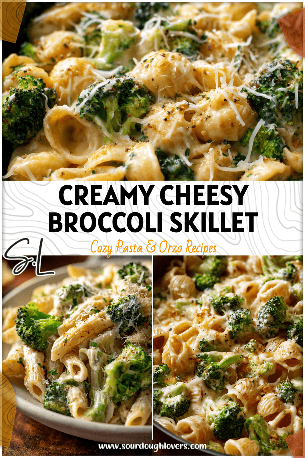 Cheesy creamy broccoli pasta skillet topped with melted cheese and green broccoli florets. 2026