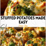 Golden baked potatoes filled with chicken, broccoli, and cheese for a healthy weeknight meal for two.