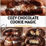 Chocolate Hot Cocoa Cookies with Marshmallow Centers 5 Stack of Marshmallow Stuffed Hot Cocoa Cookies showing gooey marshmallow filling and cocoa dusting