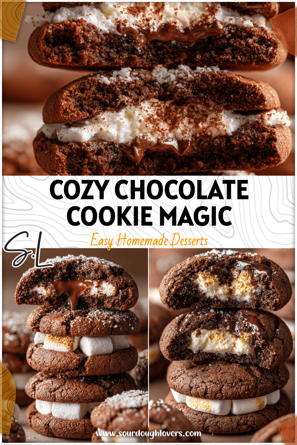 Stack of Marshmallow Stuffed Hot Cocoa Cookies showing gooey marshmallow filling and cocoa dusting