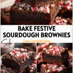Chocolate Peppermint Sourdough Brownies for Cozy Christmas Baking 5 Fudgy Chocolate Peppermint Sourdough Brownies topped with crushed candy canes on a rustic holiday plate