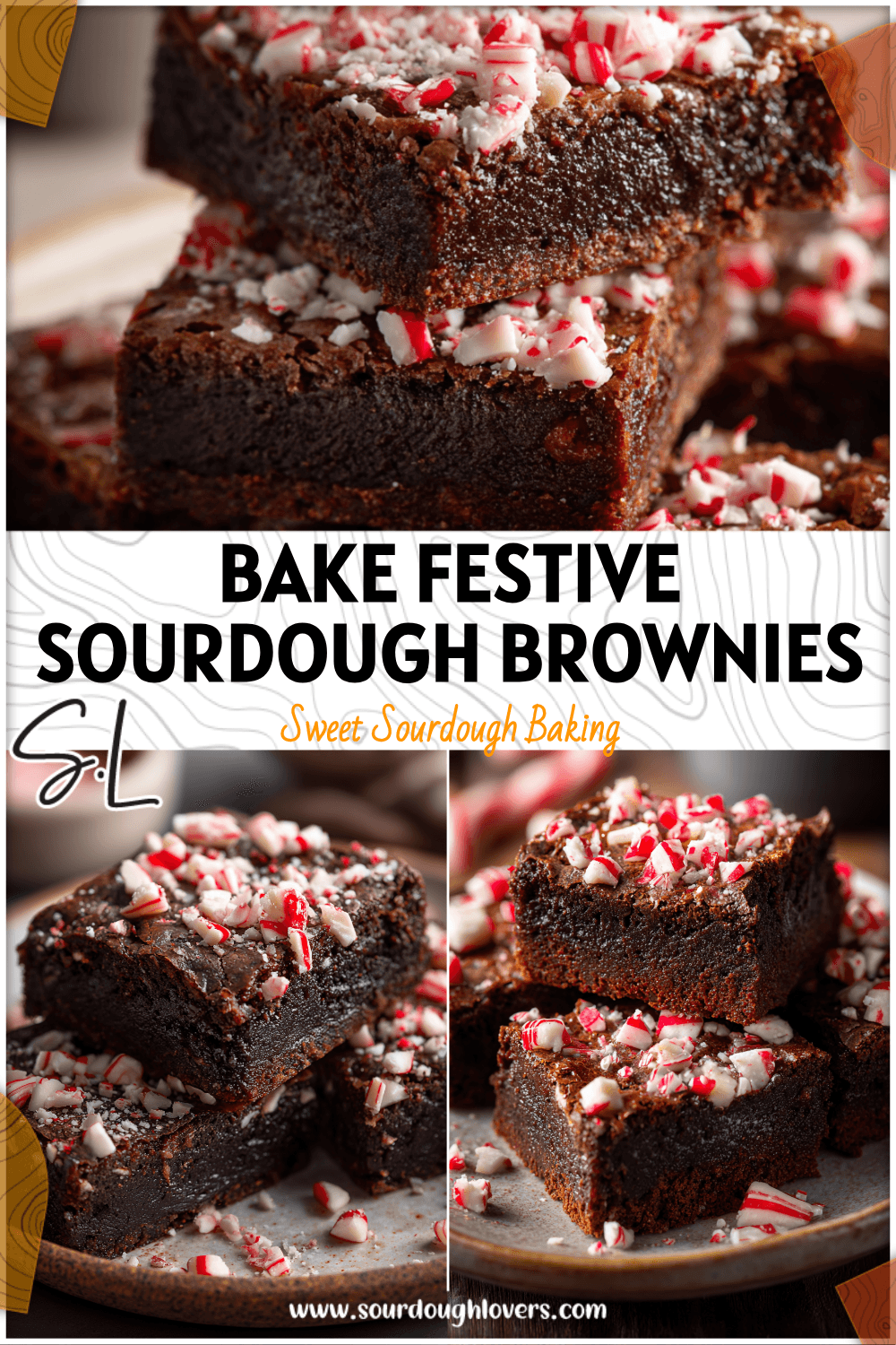 Fudgy Chocolate Peppermint Sourdough Brownies topped with crushed candy canes on a rustic holiday plate