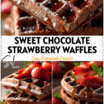 Stack of fluffy Chocolate Strawberry Waffles topped with syrup, styled like a Cafe Food for Food Goals. 26