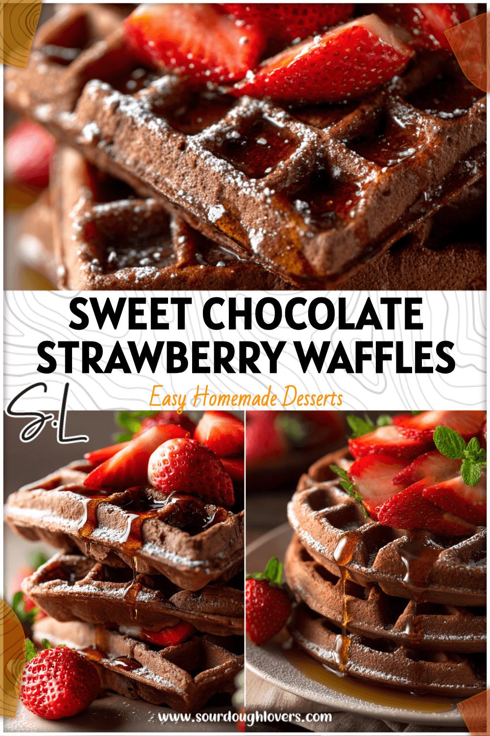 Stack of fluffy Chocolate Strawberry Waffles topped with syrup, styled like a Cafe Food for Food Goals. 26