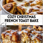 Freshly baked Cinnamon Roll French Toast Casserole dusted with icing on a breakfast table for Christmas Morning Breakfast
