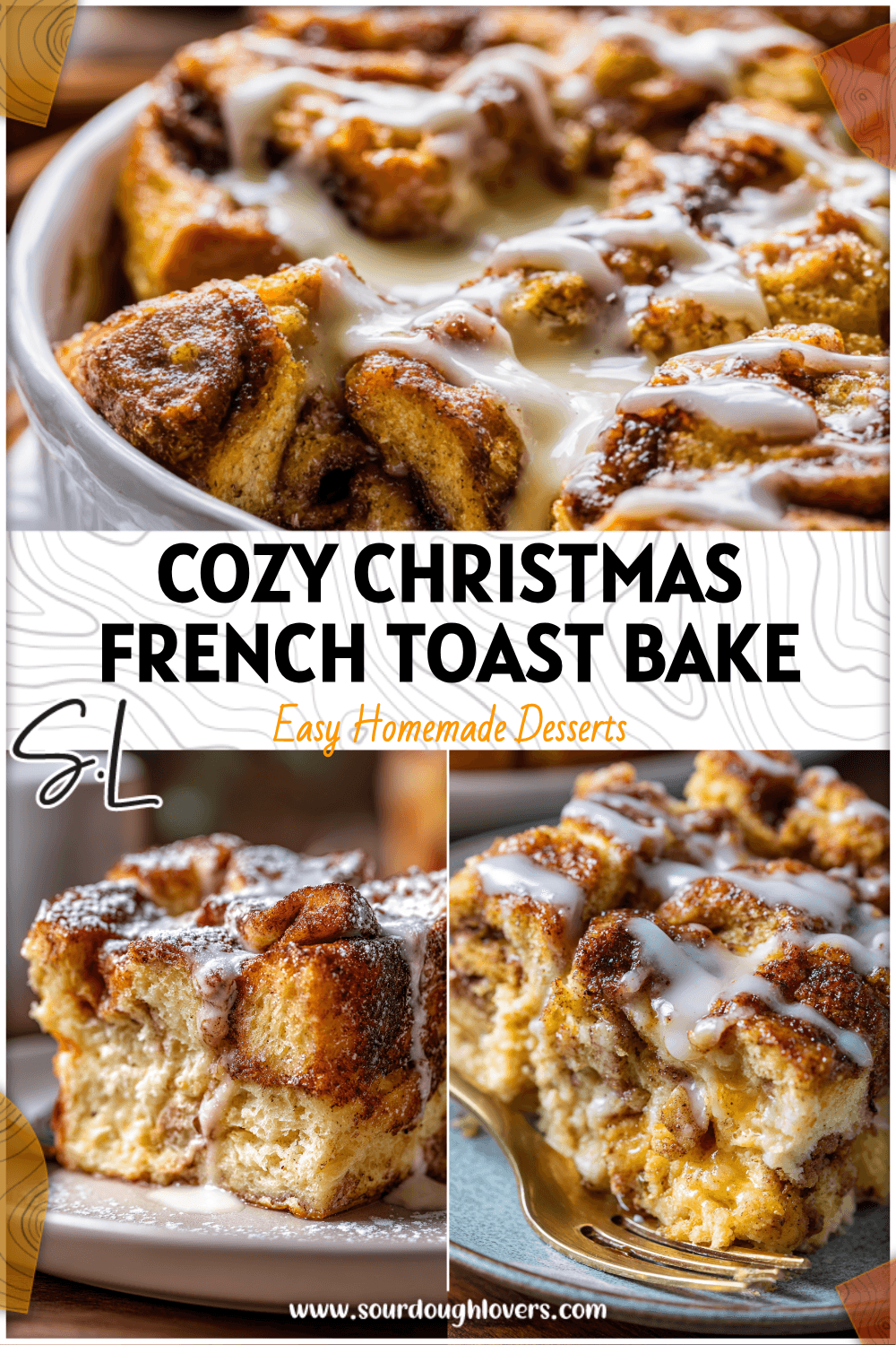 Freshly baked Cinnamon Roll French Toast Casserole dusted with icing on a breakfast table for Christmas Morning Breakfast