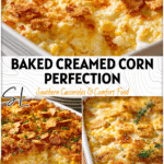 Classic Creamed Corn Au Gratin topped with golden saltine crumbs in a white baking dish. 26