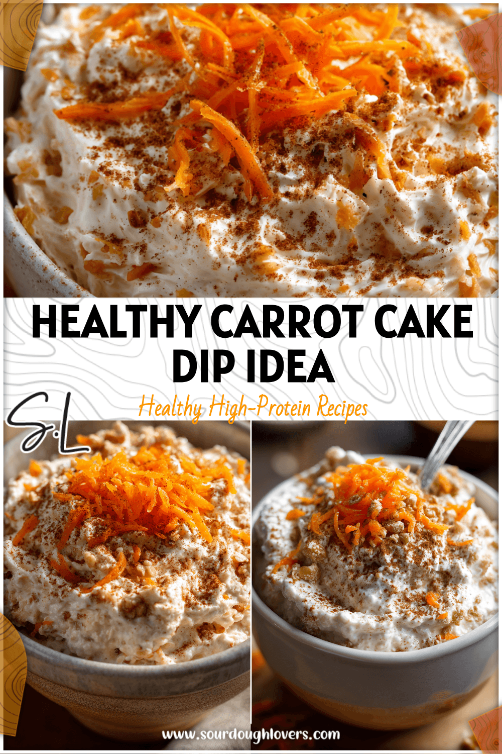 A creamy bowl of Cottage Cheese Carrot Cake Dip topped with cinnamon and shredded carrots for a healthy breakfast feel.