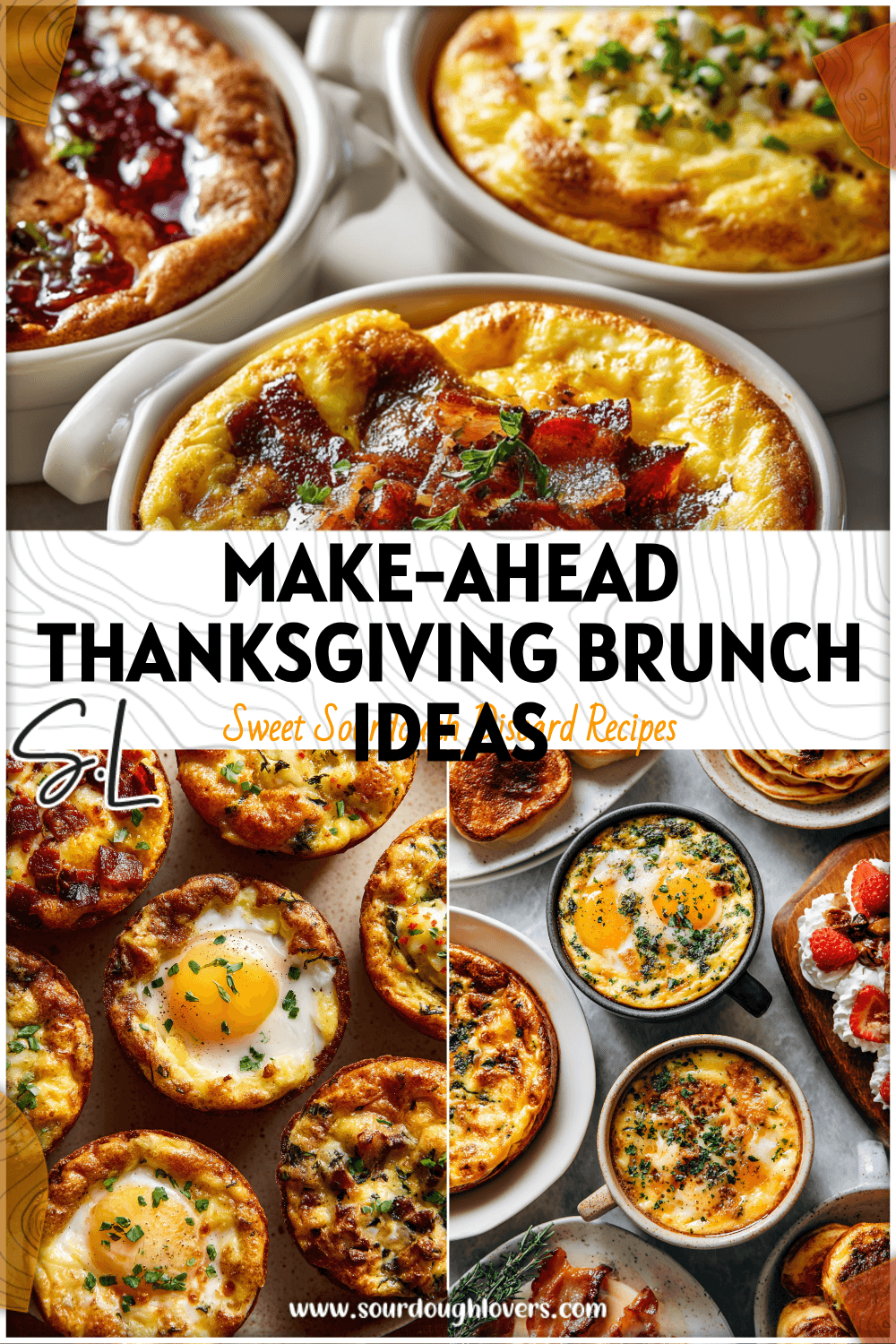 Table set with mini casseroles, pancakes, and festive brunch drinks for a Thanksgiving morning gathering. 26