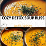 Bowl of carrot ginger turmeric soup topped with herbs for healthy clean eating and gut-friendly nourishment.