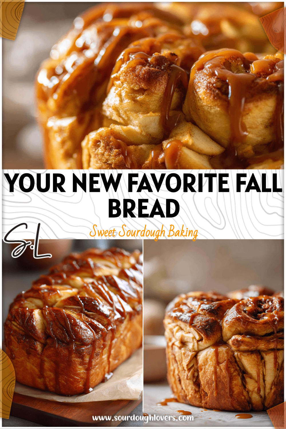 Warm brioche cinnamon pull-apart bread drizzled with caramel and filled with apple slices. 2026