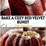 A freshly baked sourdough red velvet bundt cake dusted with cocoa and topped with sour cream frosting. 26