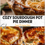 Golden sourdough turkey pot pie with flaky pie crust served in a rustic baking dish. 26