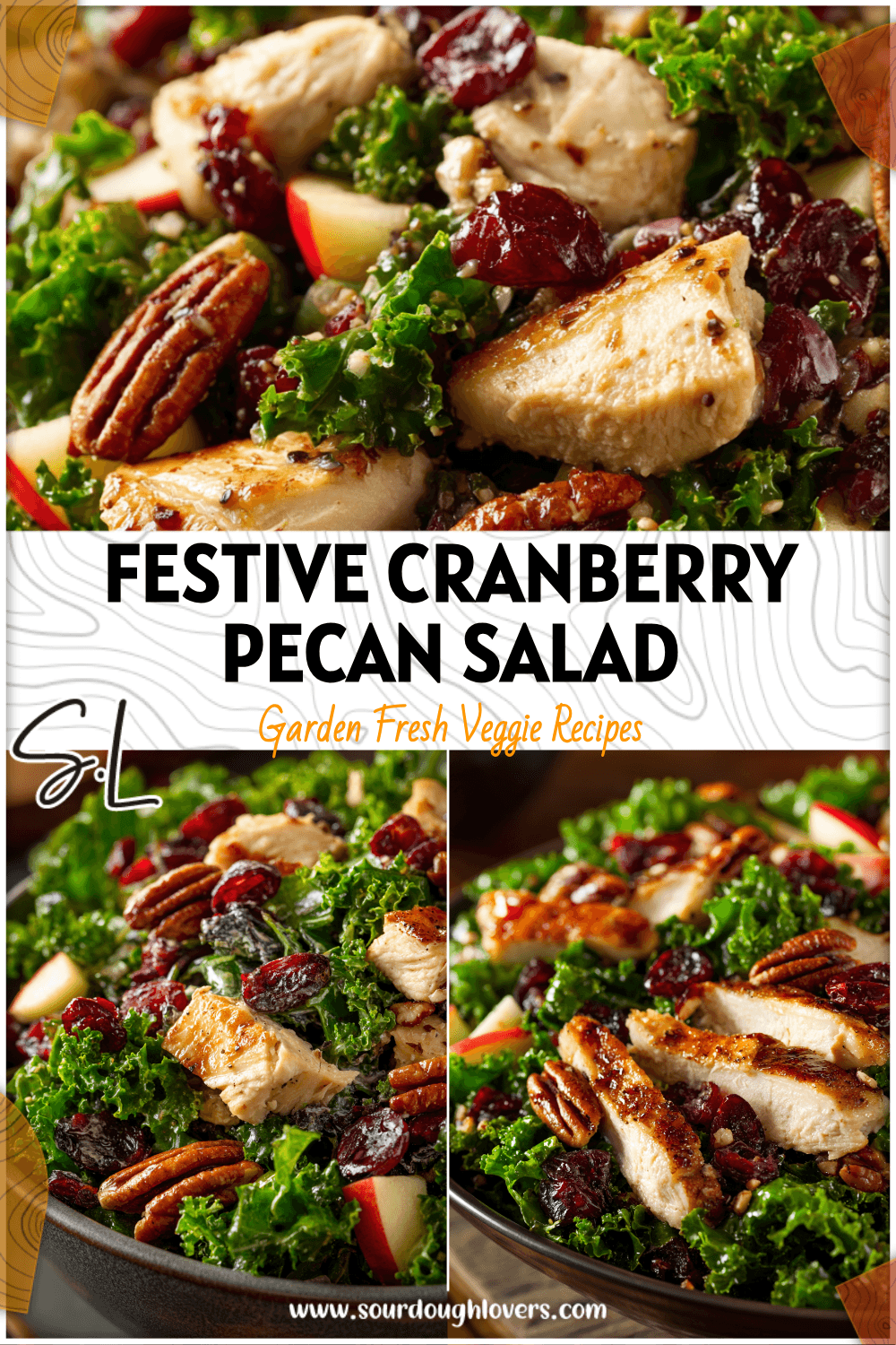 Colorful Salad Kale with Pecan Chicken, apples, and cranberries served in a holiday bowl. 26