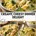 Creamy broccoli cheddar pasta in a white bowl garnished with cheese and fresh broccoli beside a rice side dish.