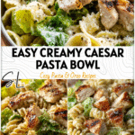 Creamy Chicken Caesar Pasta Salad Recipe for Easy Lunches 5 Bowl of creamy Chicken Caesar Pasta Salad with lettuce, grilled chicken, and parmesan topping.