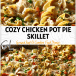 Golden Chicken Pot Pie Skillet filled with noodles, rigatoni, and vegetables in a creamy sauce.
