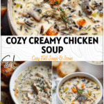 Creamy Chicken & Wild Rice Soup Recipe for Cozy Nights 5 Bowl of creamy chicken and wild rice soup garnished with herbs and surrounded by bread slices. 26