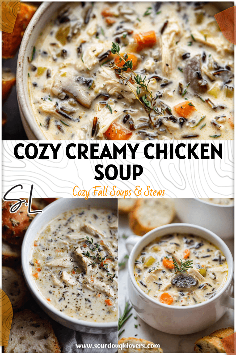 Bowl of creamy chicken and wild rice soup garnished with herbs and surrounded by bread slices. 26