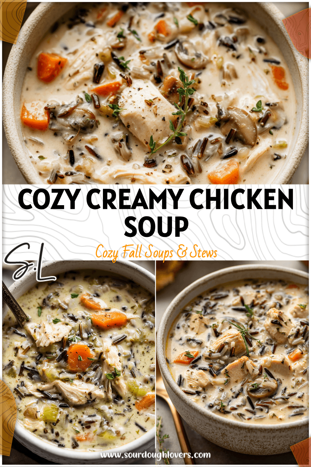 A bowl of Creamy Chicken And Wild Rice Soup with chunks of chicken, wild rice, and creamy broth garnished with herbs. 2026