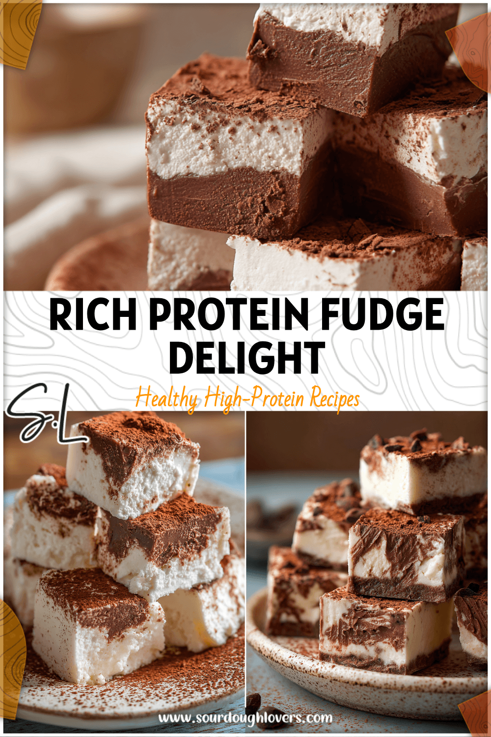 Square pieces of creamy Keto Cottage Cheese Chocolate Fudge topped with cocoa dust on a rustic plate.