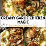 Creamy garlic chicken skillet with mushrooms and mashed potatoes topped with herbs in a cream sauce 26