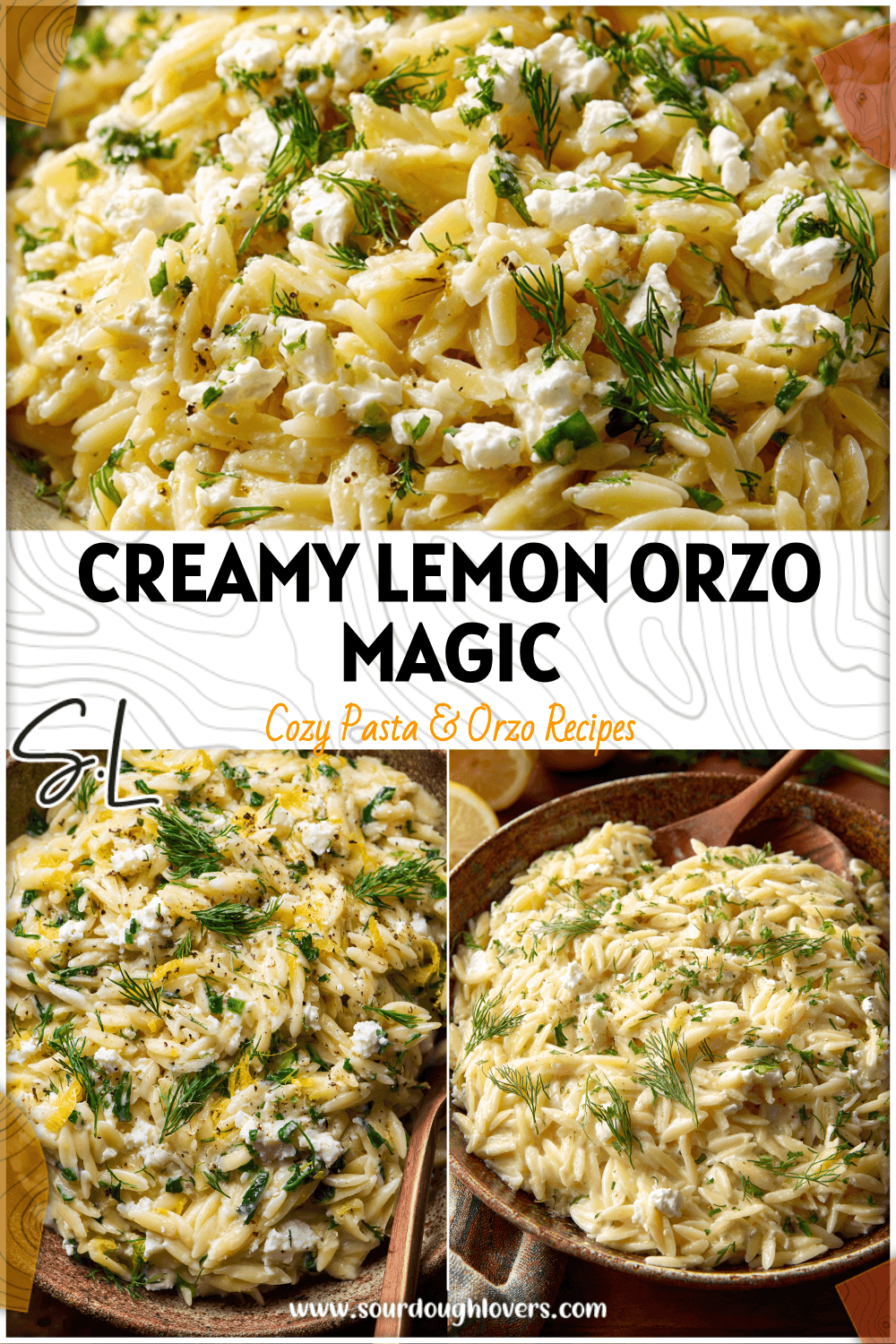 Bowl of creamy lemon parmesan orzo pasta garnished with dill and feta crumbles on a rustic plate