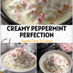 Mug of creamy peppermint white hot chocolate topped with whipped cream and crushed candy canes in a cozy crockpot setting. 26