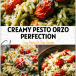 Creamy basil pesto orzo risotto with cherry tomatoes and a sprinkle of Parmesan served in a bowl. 26