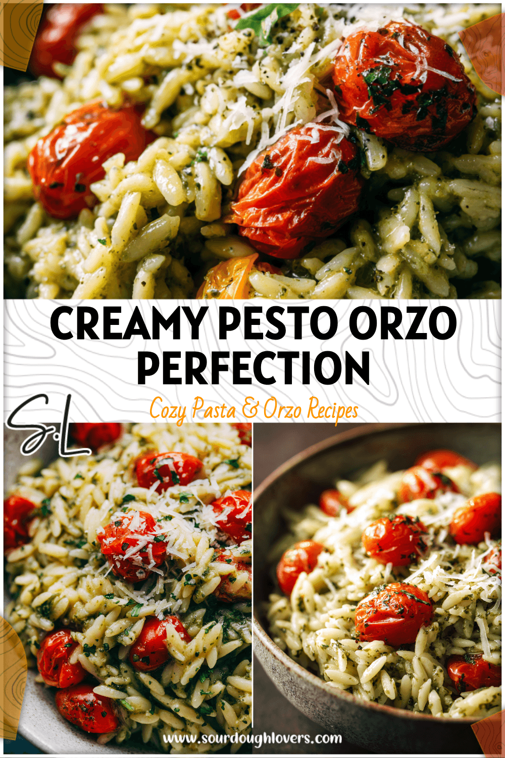 Creamy basil pesto orzo risotto with cherry tomatoes and a sprinkle of Parmesan served in a bowl. 26