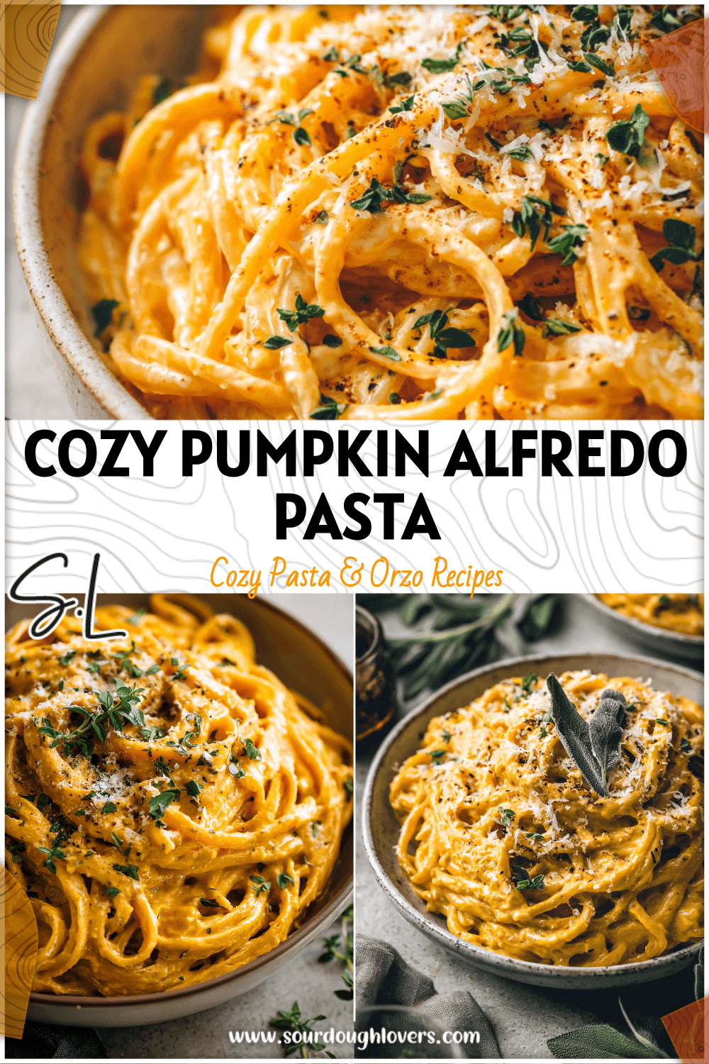 Bowl of creamy Pumpkin Alfredo Pasta garnished with fresh herbs and parmesan for a cozy fall meal