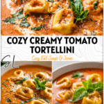 Bowl of creamy tomato basil tortellini soup topped with fresh basil and cheese tortellini pieces. 26