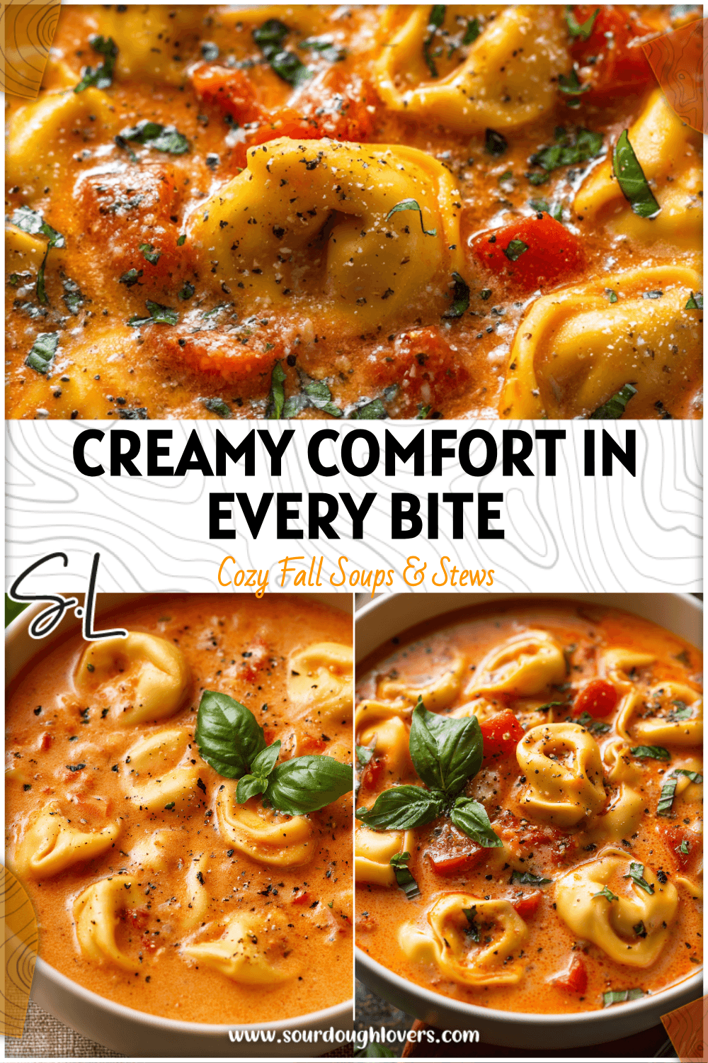 Bowl of creamy Tomato Basil Tortellini Soup With Diced Tomatoes and fresh basil garnish
