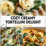 Bowl of creamy tortellini soup with spinach, sausage, and cheese tortellini in a white dish