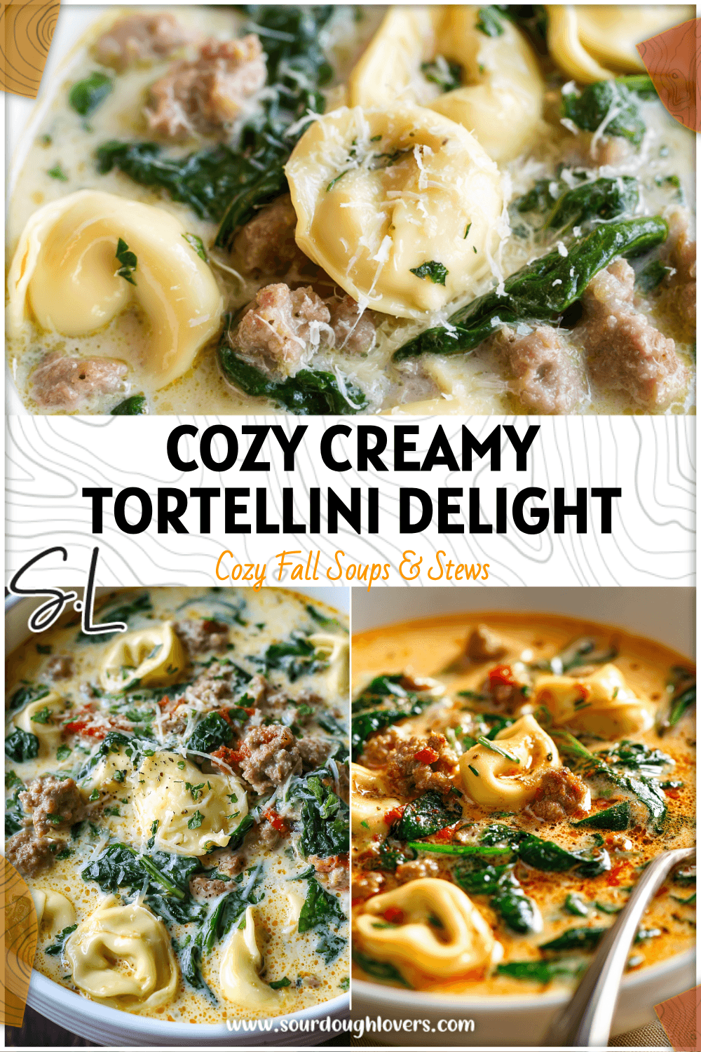 Bowl of creamy tortellini soup with spinach, sausage, and cheese tortellini in a white dish