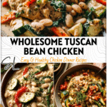 Creamy Tuscan White Bean Chicken & Veggie Dinner 5 Bowl of creamy Tuscan white bean chicken with fresh vegetables and herbs on a rustic table.