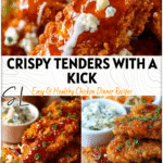 Golden crispy chicken tenders drizzled with sweet and spicy sauce beside carrot slaw and blue cheese dipping sauce.