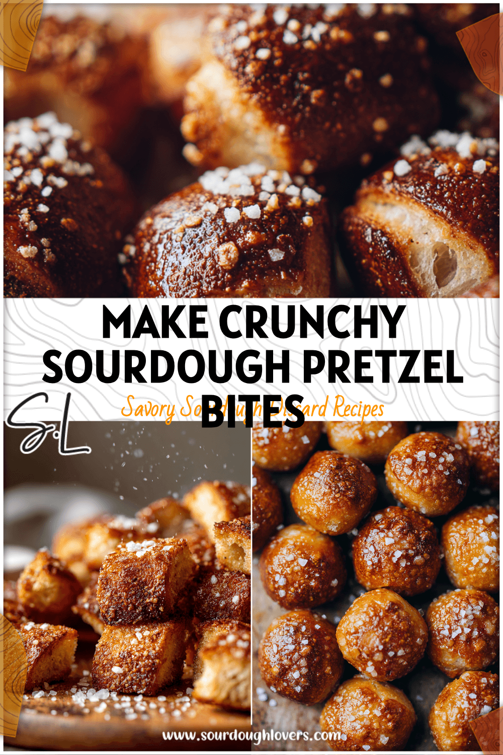 Crunchy sourdough pretzel bites on a baking tray sprinkled with sea salt and served fresh. 26