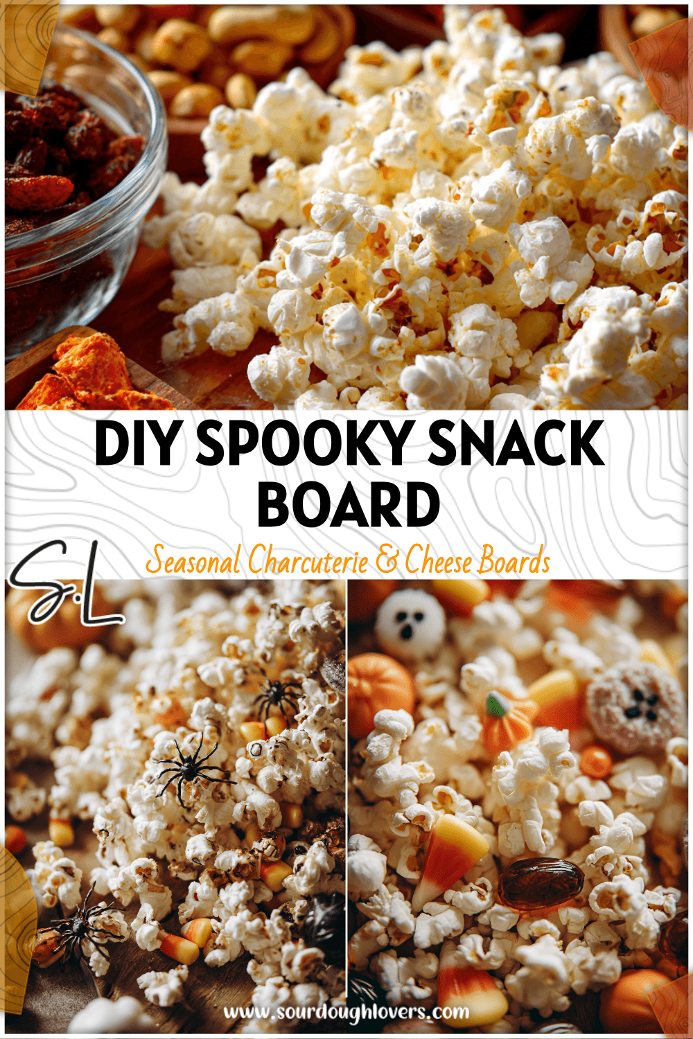 DIY Halloween popcorn and spooky food board styled with themed snacks for a kid friendly Halloween party. 2026