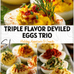 A platter showing a colorful Deviled Eggs Trio with classic, tangy dill, and spicy varieties.