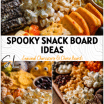 Colorful Halloween snack board with spooky snacks, popcorn, and kid friendly Halloween treats arranged festively. 26