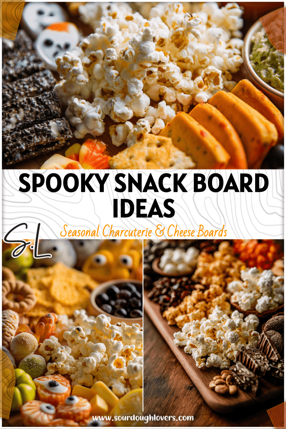 Colorful Halloween snack board with spooky snacks, popcorn, and kid friendly Halloween treats arranged festively. 26