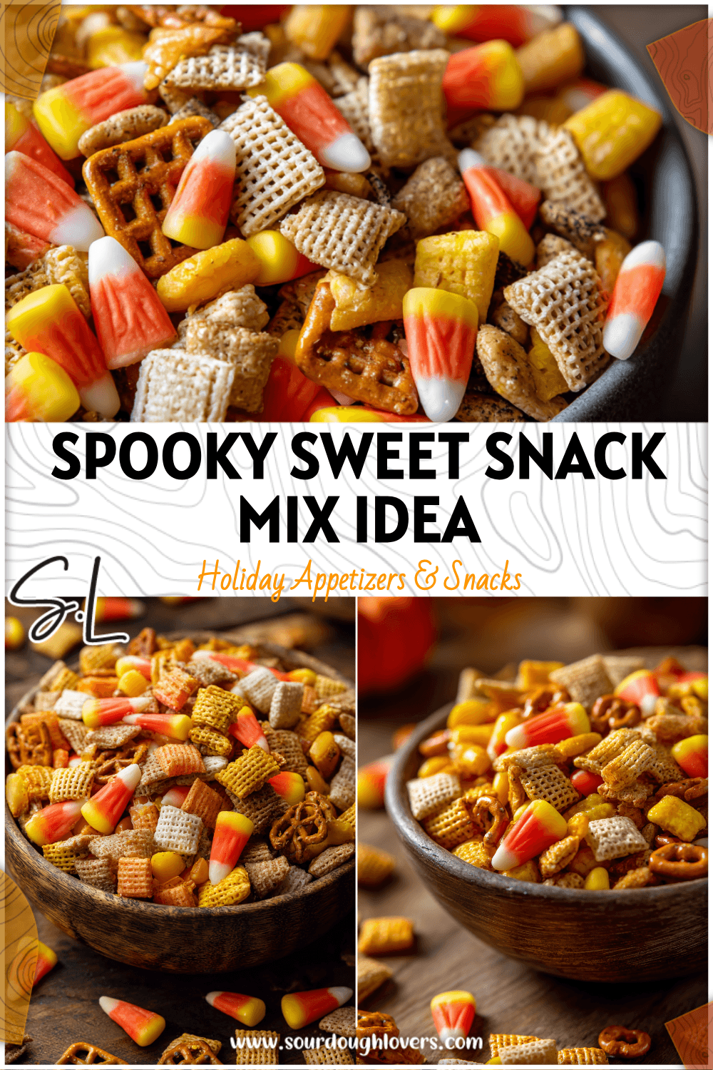 Bowl of Halloween Snack Mix with Chex Snacks, candy corn, and festive fall sprinkles.