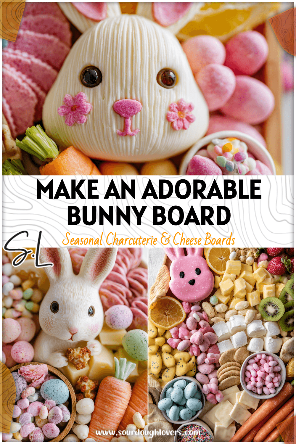 Colorful Easter Bunny Snack Board filled with pastel treats and Easter Charcuterie Board Dessert ideas.