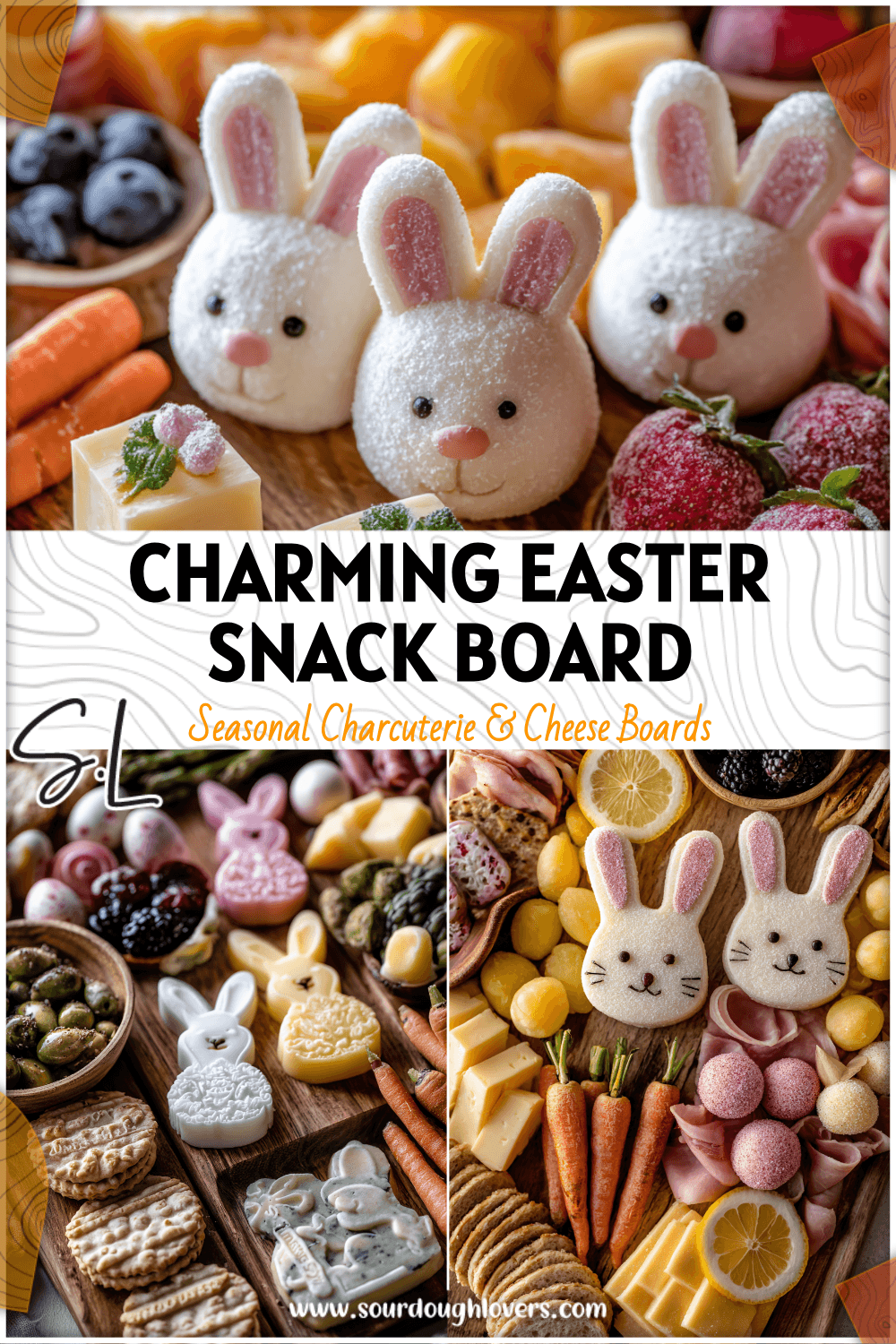 Easter Bunny Snack Board with spring cheese, meats, fruits, and bunny-shaped appetizers on a woodland-style platter. 26