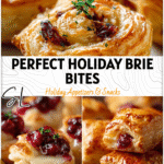 Easy Brie Bites Puff Pastry Recipe for Thanksgiving & Xmas Parties 5 Close-up of puff pastry Brie Bites with cranberry filling on a serving plate for Christmas party food. 26