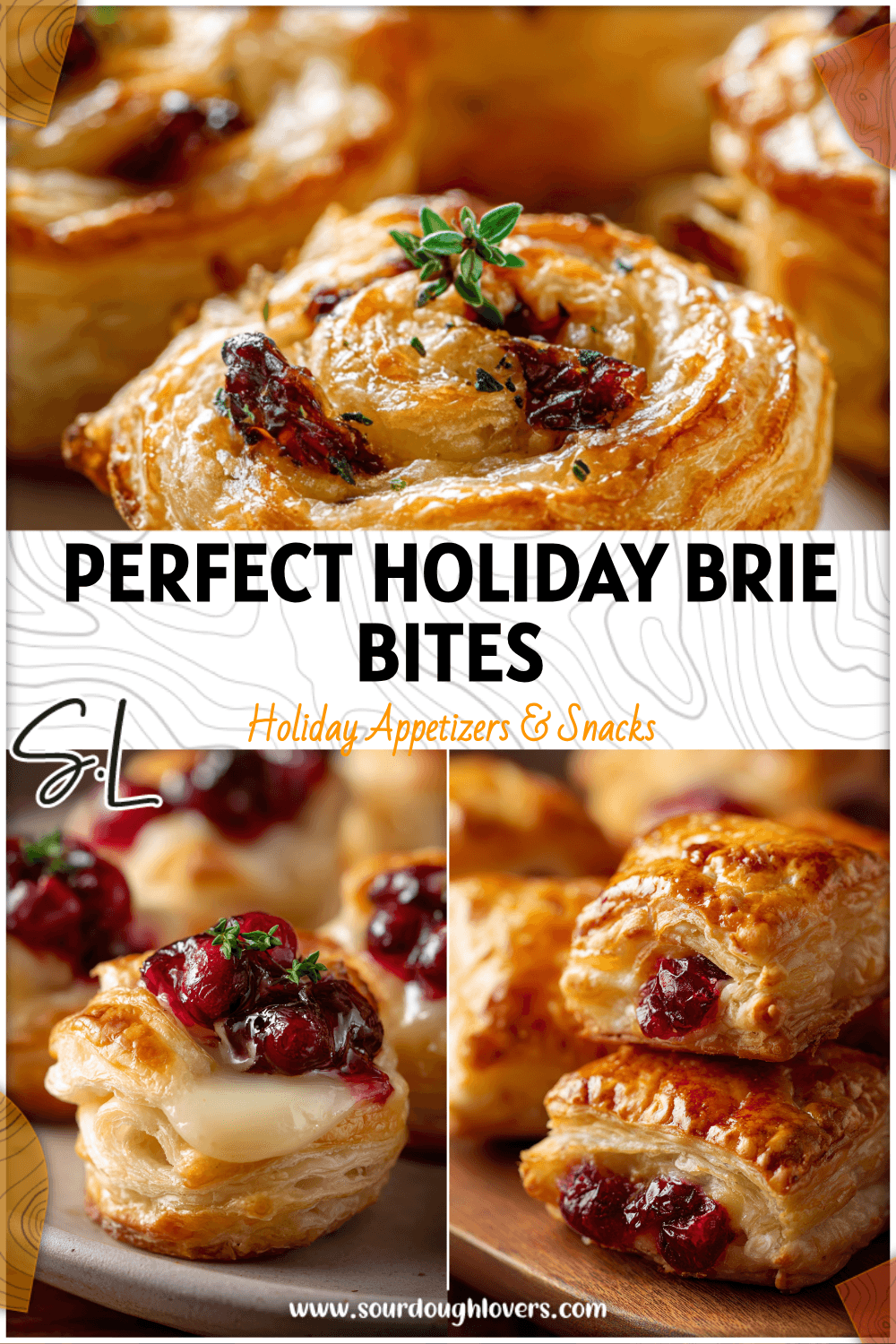 Close-up of puff pastry Brie Bites with cranberry filling on a serving plate for Christmas party food. 26