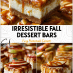 Easy Caramel Apple Cheesecake Bars Recipe for Fall Treats 5 Golden-brown caramel apple cheesecake bars with swirls of caramel and apple slices on top.